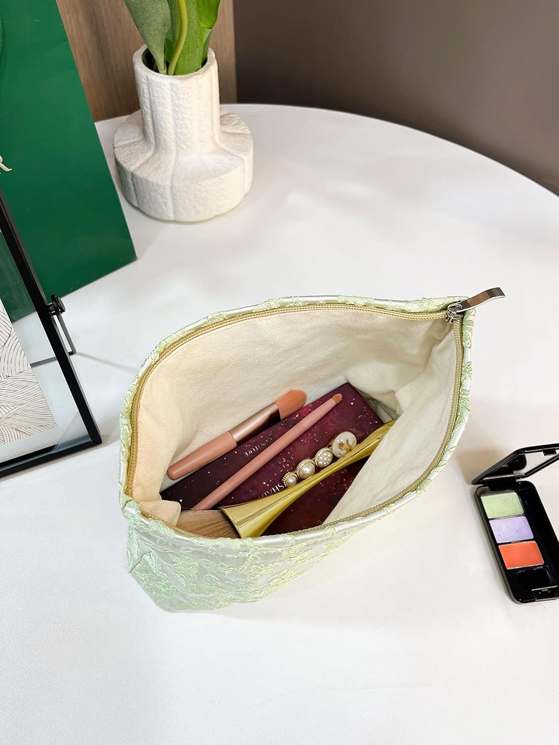 The Summer Swan | Large Aesthetic Floral Makeup Bag | Mid-day Clutch | Period Kit | Hygiene | Skincare | Embroidery Green Fabric Cosmetic Bag With Zipper