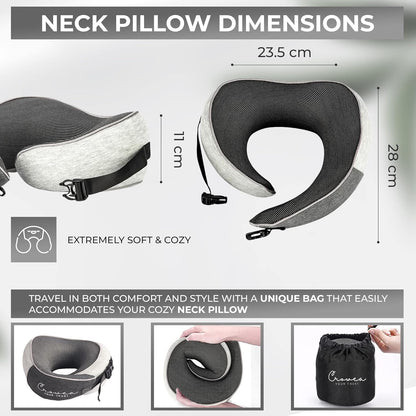Crowea Neck Pillow - 100% Pure Memory Foam Neck Travel Pillow with 360 Degree Comfortable & Breathable Head and Neck Support, Includes Updated Luxury Bag & Earplugs for Airplane, Car (Black & Grey)