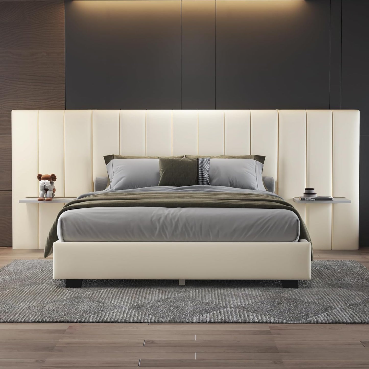 Moimhear Upholstered Bed, 160 x 200 cm, Double Bed with Extended Headboard and Backrest, Shelves on Both Sides of Headboard, Boys Velour Bed (Beige)