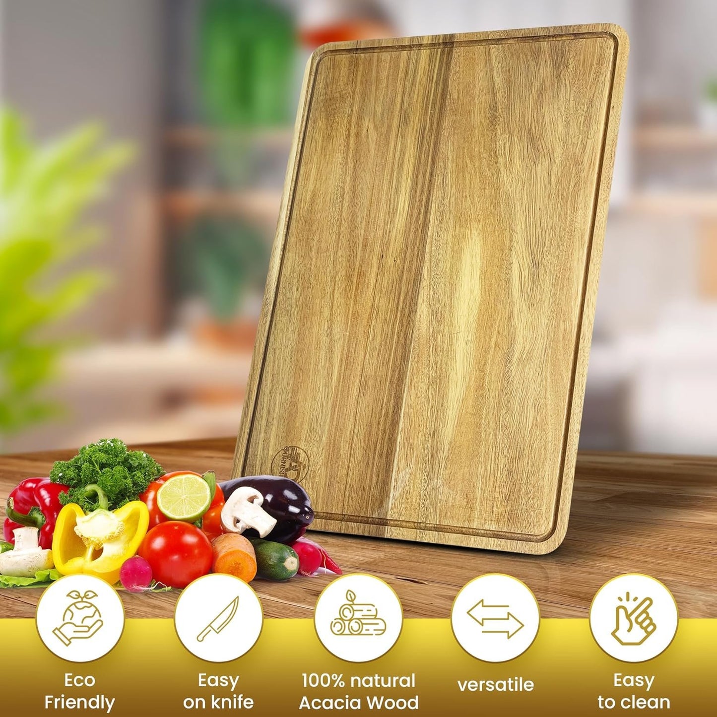 12x18 Organic Acacia Wooden Kitchen Cutting Boards, Large Premium Chopping Board, Juice Groove Hand Carved, Serving, Food-Prep, Meat, Veggies, Cheese and Bread. Natural Wood, Charcuterie Board.