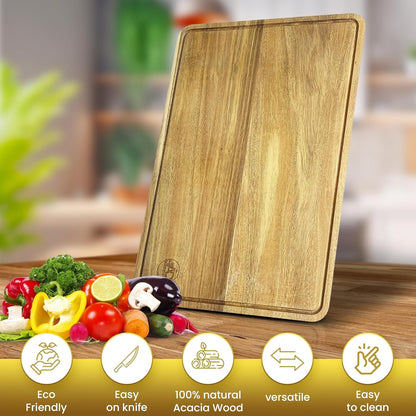12x18 Organic Acacia Wooden Kitchen Cutting Boards, Large Premium Chopping Board, Juice Groove Hand Carved, Serving, Food-Prep, Meat, Veggies, Cheese and Bread. Natural Wood, Charcuterie Board.