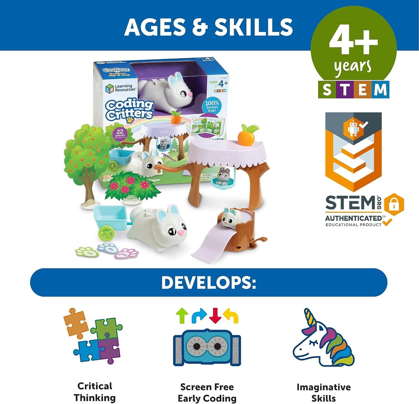 Learning Resources Coding Critters Bopper - 22 Pieces, Ages 4+ Screen-Free Early Coding Toy for Kids, Interactive STEM Coding Pet, Preschool Learning Toys