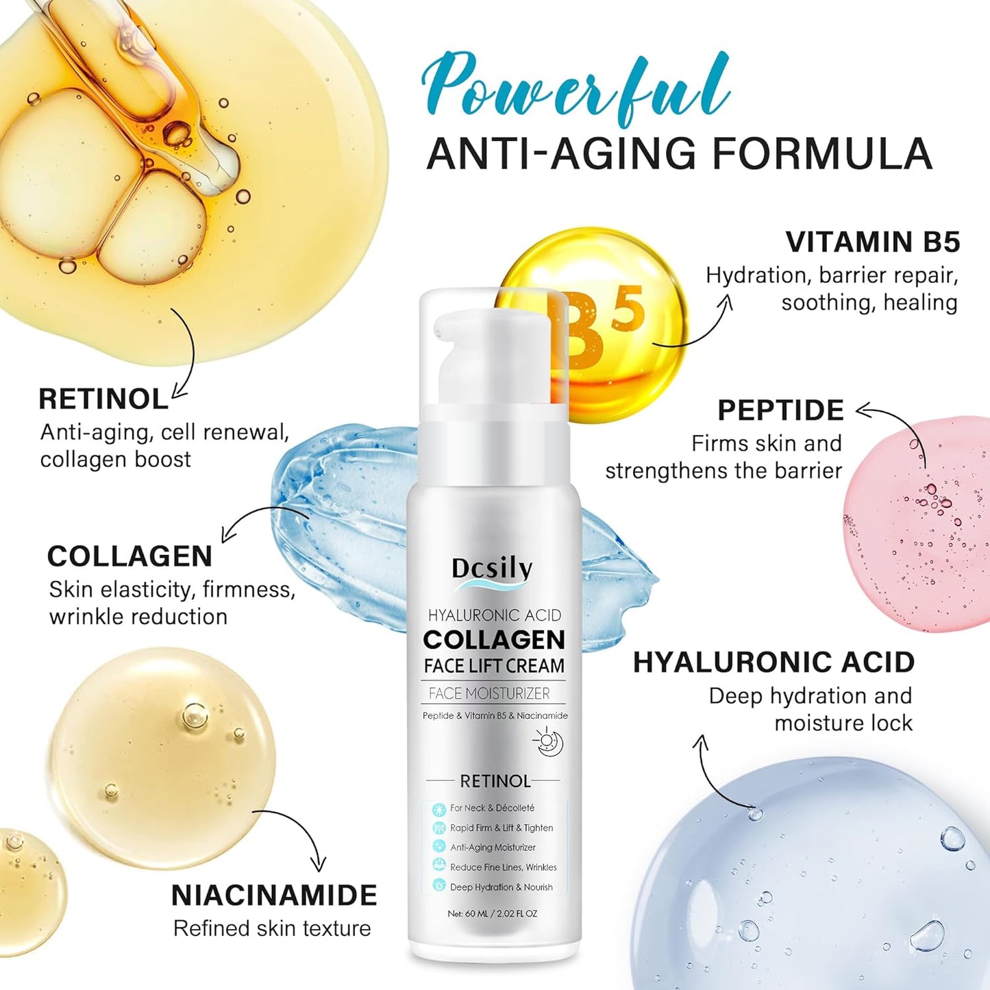 Skin Tighten And Lift Neck Cream: Face Lift Cream 6-in-1 Anti-Aging Moisturizer for Anti Wrinkle - Hydrating Neck Firming Cream with Retinol, Collagen, Peptide, Hyaluronic Acid for Neck & Décolleté