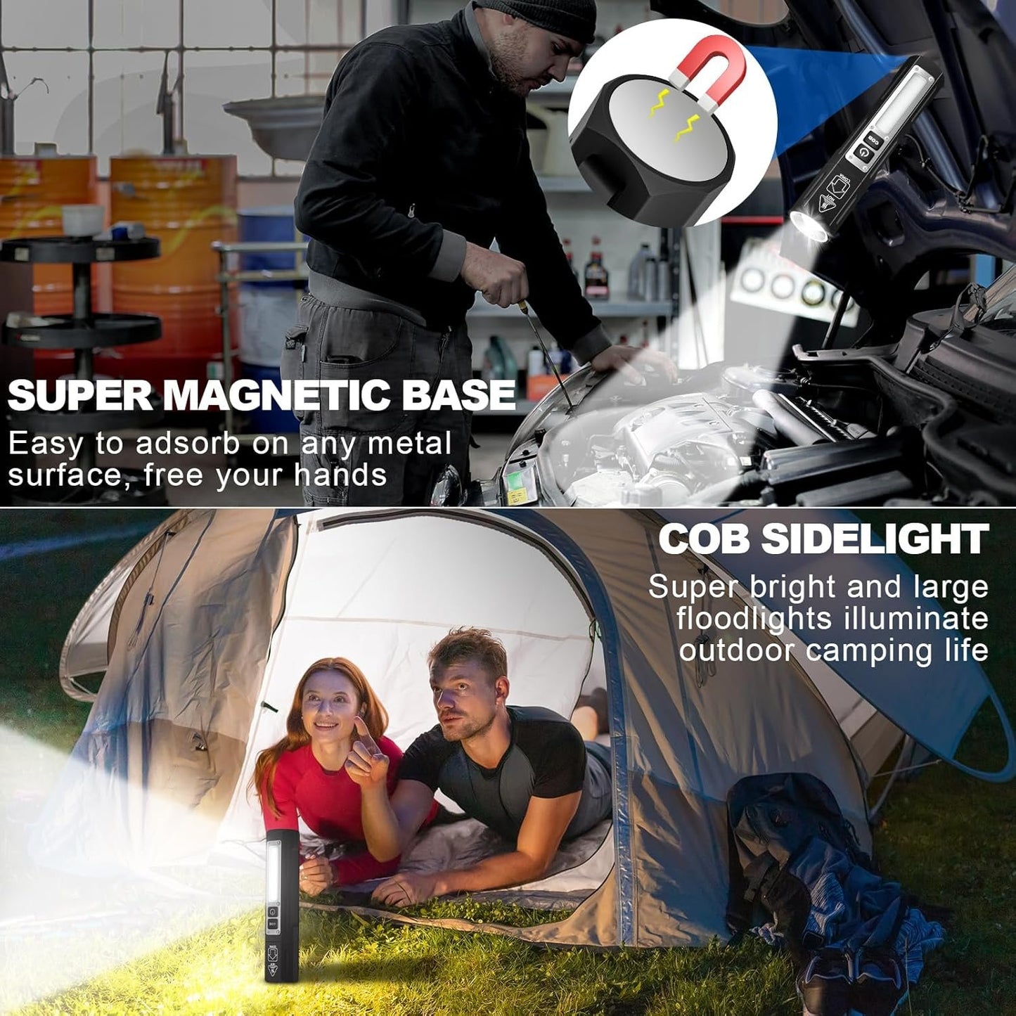LED Rechargeable Magnetic Flashlights - Super Bright Long Beam Pocket Powerful Flashlight 8 Modes with COB Work Light, Dual Button Tactical Small Flashlight for Camping Emergency