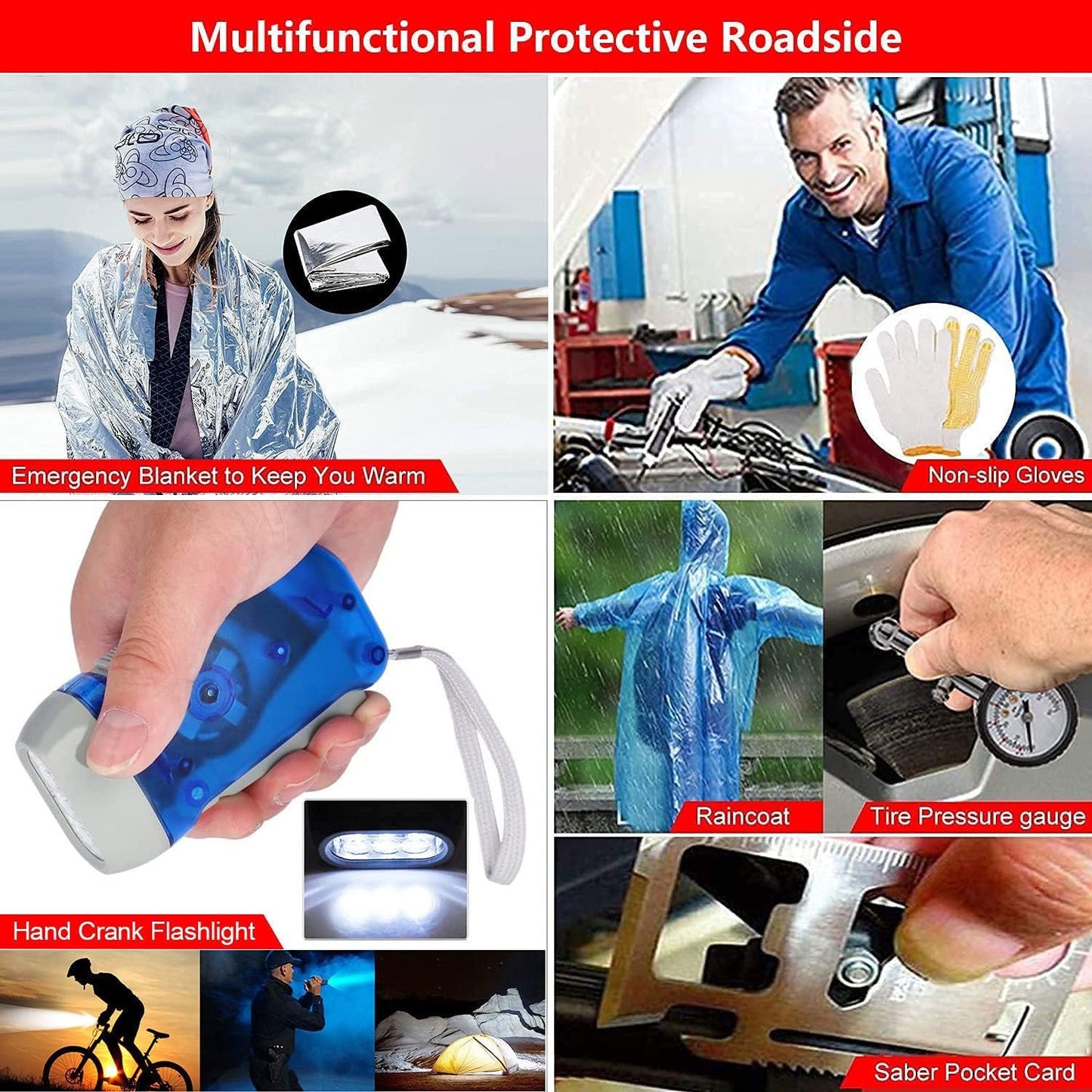 Car Roadside Emergency Assistance Kit with Jumper Cable,Auto Travel Safety Tool Bag for Men Women Teen Girl, Truck Automotive Vehicle Off Road Side Automobile Kit with Car Repair Tool First Aid Kit