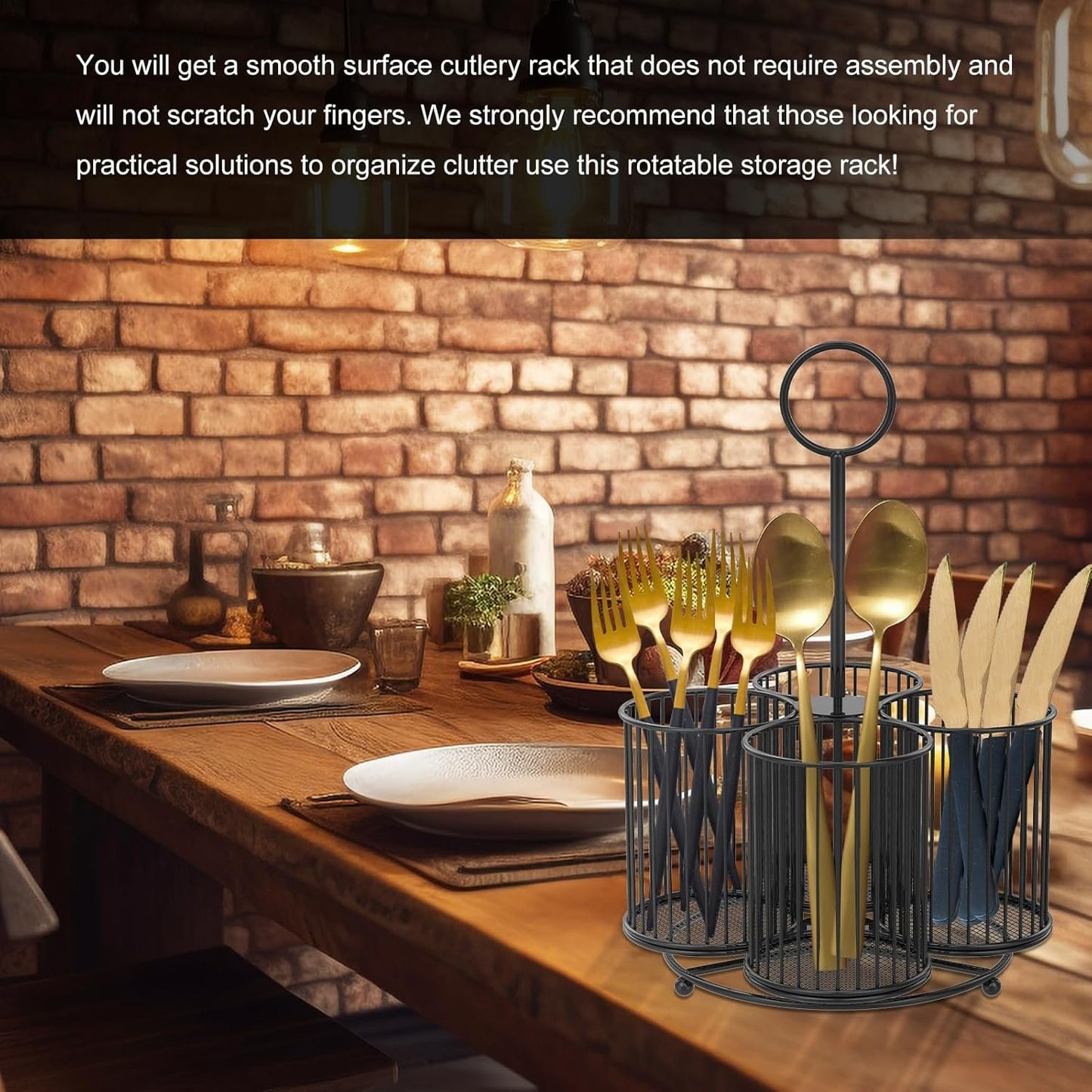 Abizarch 360° Rotating Metal Cutlery Holder - 4 Compartment Silverware Utensil Caddy Rotation Fork Spoon Napkin Organizer Flatware Storage Basket Party Countertop Buffet Picnic Camping Outdoor