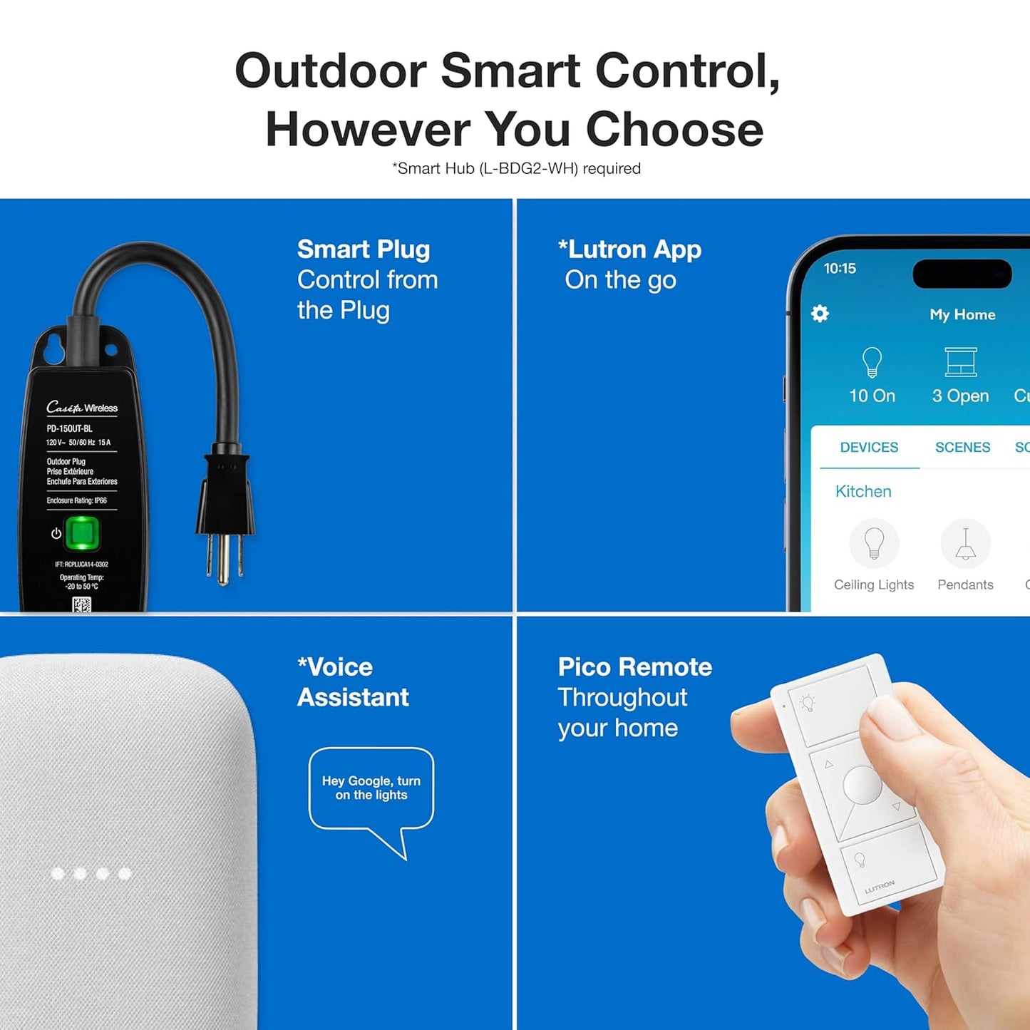 Lutron Caséta Weatherproof+ Outdoor Smart Plug On/Off Switch | Works with Alexa, Google Assistant, Ring, Apple HomeKit (Smart Hub Required) | for Landscape and String Lighting | PD-15OUT-BL | Black