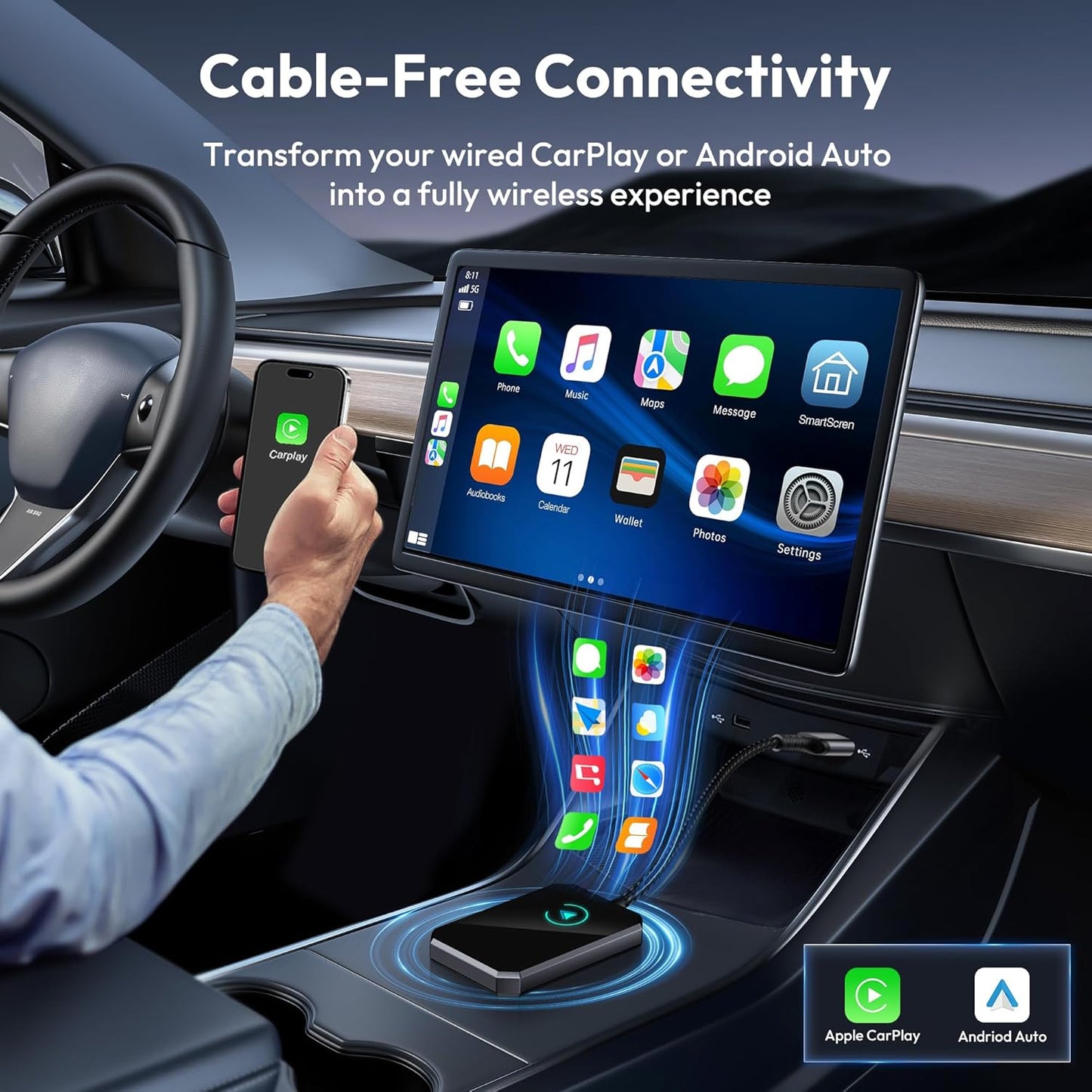 Basesailor Wireless CarPlay and Android Auto Adapter, 2024 Upgraded Bluetooth Car Play Dongle to Convert Factory from Wired to Wireless, Suitable for Cars from 2015, Apple iPhone iOS 10+, Plug&Play