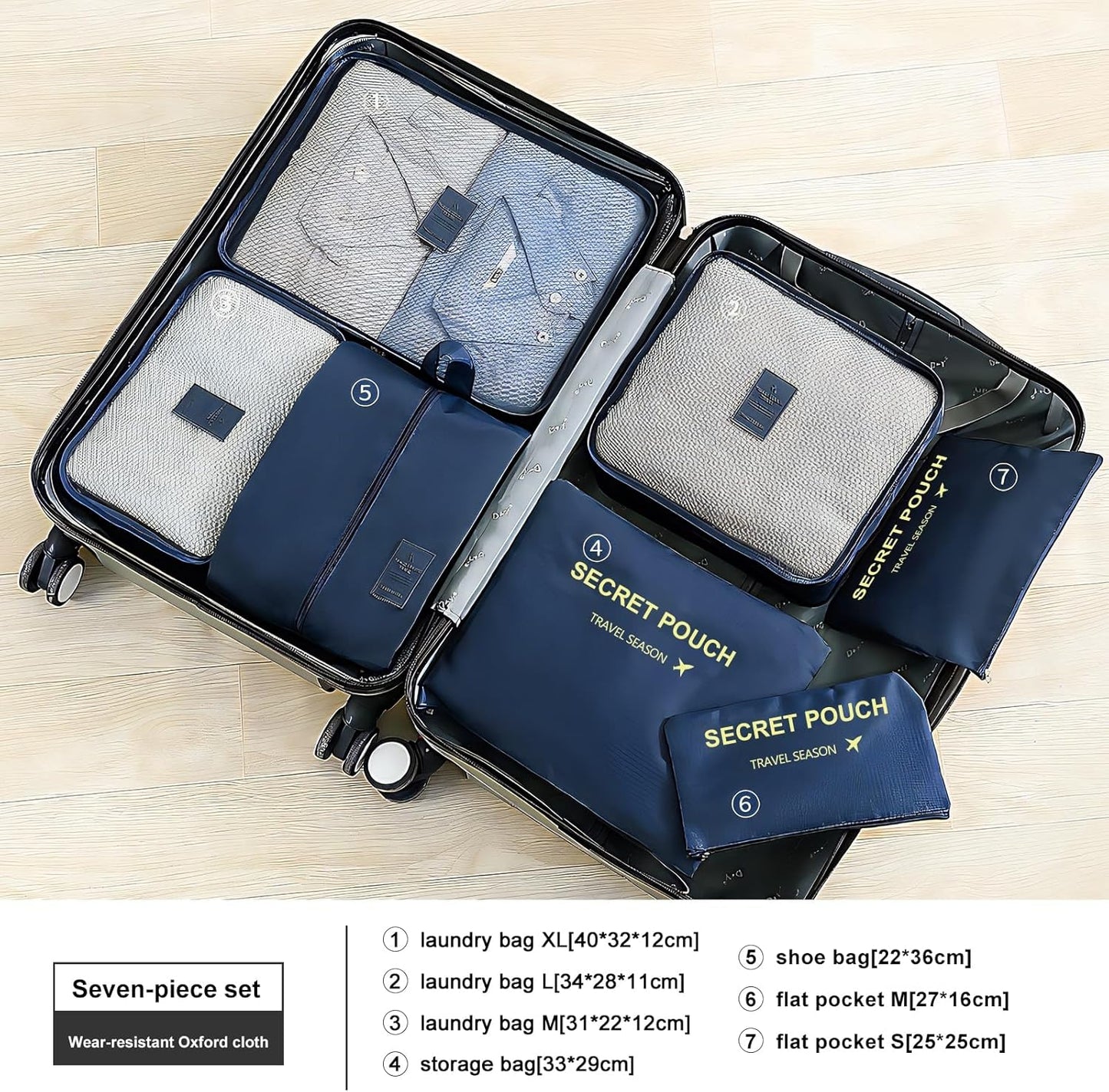 Wirvyuer 7-Piece Waterproof Packing Cube Set Travel Organizer 7 Pieces Cube Travel Organizer Multifunctional Travel Organizers Bags Travel Essentials for Suitcases Navy Blue