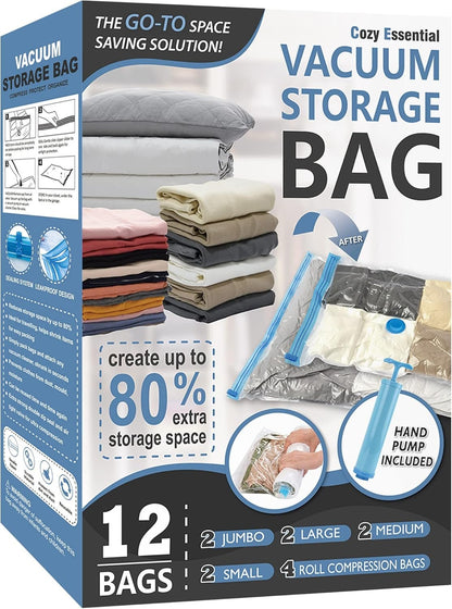 12 Pack Vacuum Storage Bags, Space Saver Bags (2 Jumbo/2 Large/2 Medium/2 Small/4 Roll) Compression Storage Bags for Comforters and Blankets, Vacuum Sealer Bags for Clothes Storage, Hand Pump Included