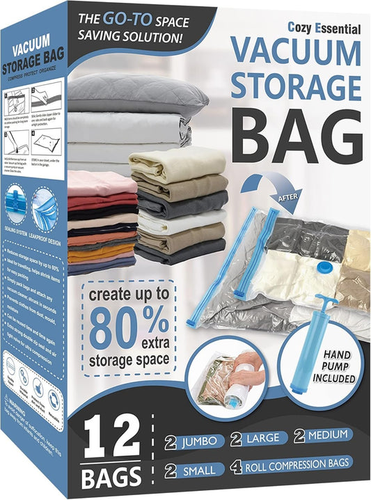 12 Pack Vacuum Storage Bags, Space Saver Bags (2 Jumbo/2 Large/2 Medium/2 Small/4 Roll) Compression Storage Bags for Comforters and Blankets, Vacuum Sealer Bags for Clothes Storage, Hand Pump Included