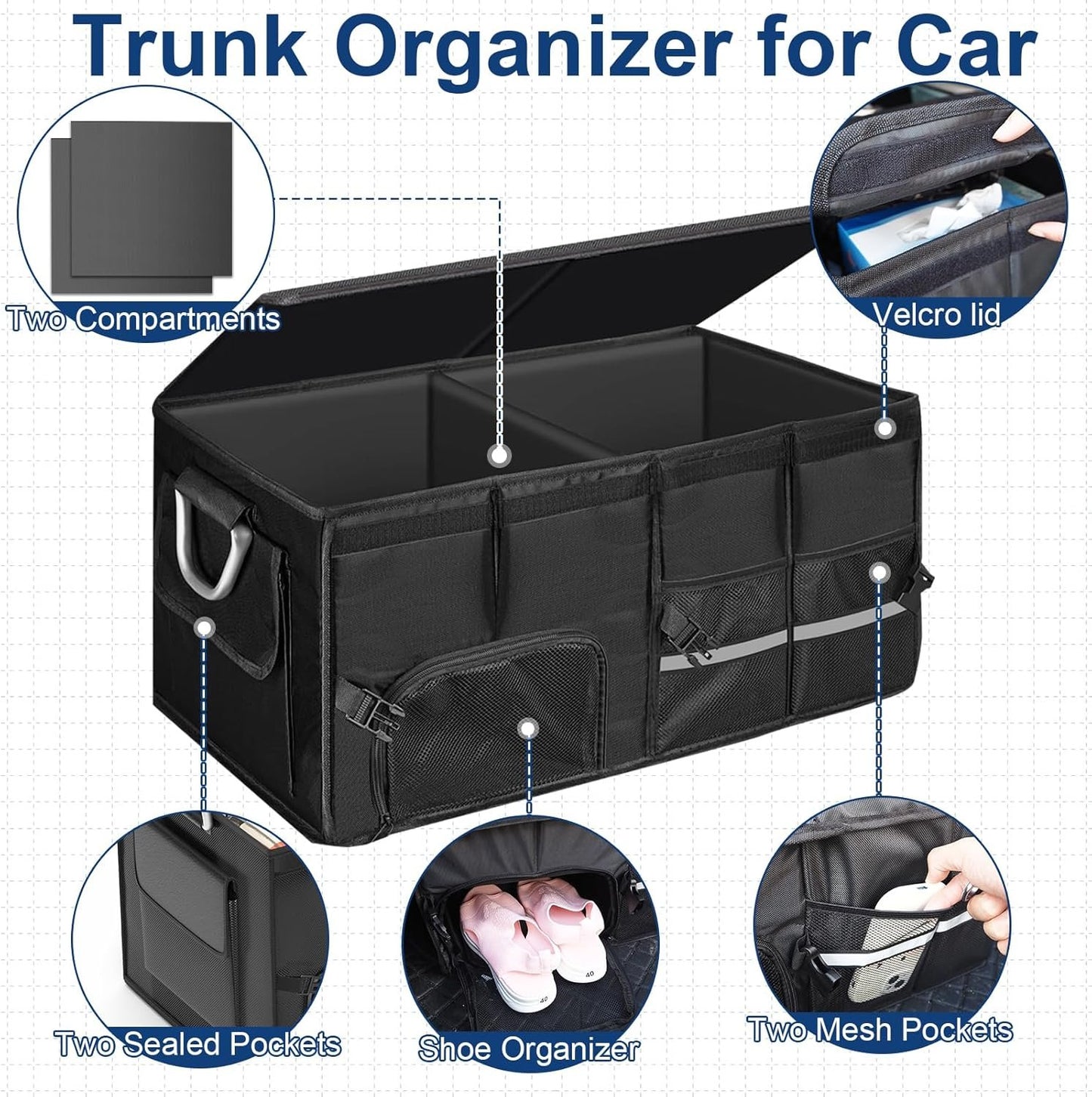 Car Trunk Organizer, Vehicle Boot Organizer 60L Collapsible Multi Compartment Boot Tidy Storage Box for SUVs, RV, Sedans, 600D Adjustable Auto Back Cargo Organisers Car Accessories (Black-55L)