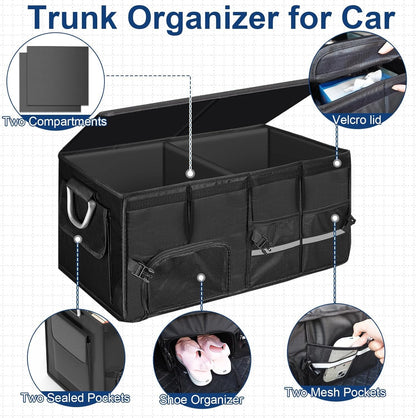 Car Trunk Organizer, Vehicle Boot Organizer 60L Collapsible Multi Compartment Boot Tidy Storage Box for SUVs, RV, Sedans, 600D Adjustable Auto Back Cargo Organisers Car Accessories (Black-55L)