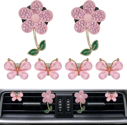 Biiange 6Pcs Bling Butterfly Daisy Air Vent Clips, Flower Car Air Vent Diffuser, Freshener with Butterfly Clip, Cute Decoration Car Interior Decor Bling Accessories for Women (Pink)