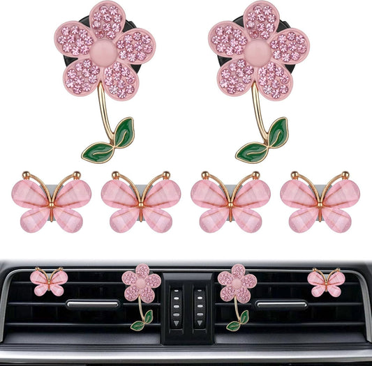Biiange 6Pcs Bling Butterfly Daisy Air Vent Clips, Flower Car Air Vent Diffuser, Freshener with Butterfly Clip, Cute Decoration Car Interior Decor Bling Accessories for Women (Pink)