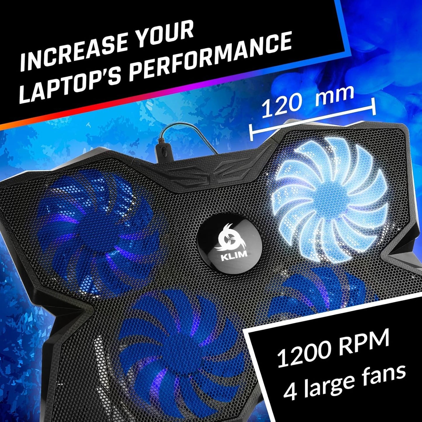 KLIM Wind Laptop Cooling Pad - Support 11 to 17 Inch Laptops, PS4-4 Fans - Light, Quiet, Powerful Cooling - Gamer USB Slim Portable Laptop Stand - New Version - Blue