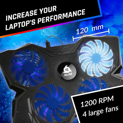 KLIM Wind Laptop Cooling Pad - Support 11 to 17 Inch Laptops, PS4-4 Fans - Light, Quiet, Powerful Cooling - Gamer USB Slim Portable Laptop Stand - New Version - Blue