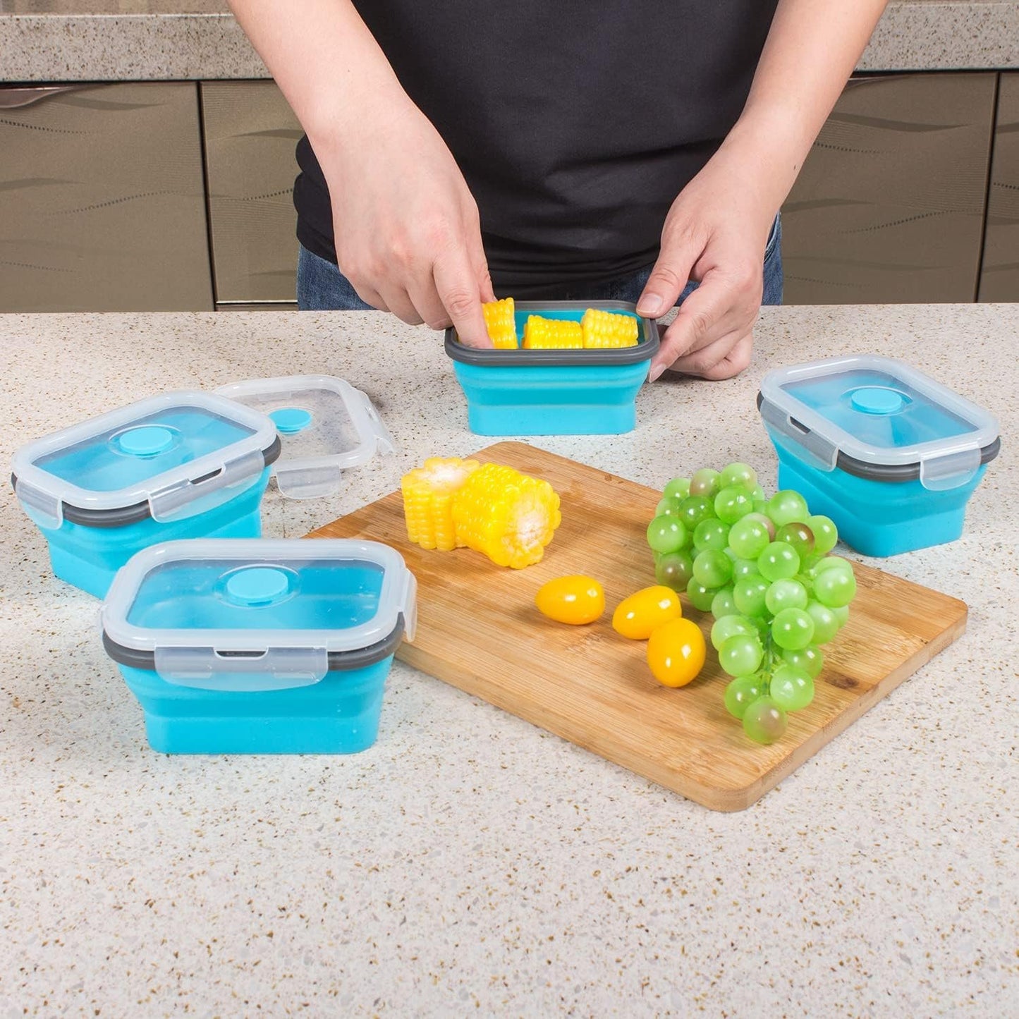 Collapsible Food Storage Containers with Airtight Lid and Vent Valve, Stacking Silicone Collapsible Storage Containers for Food, Microwave & Freezer & Dishwasher Safe, Blue, Small, Set of 4