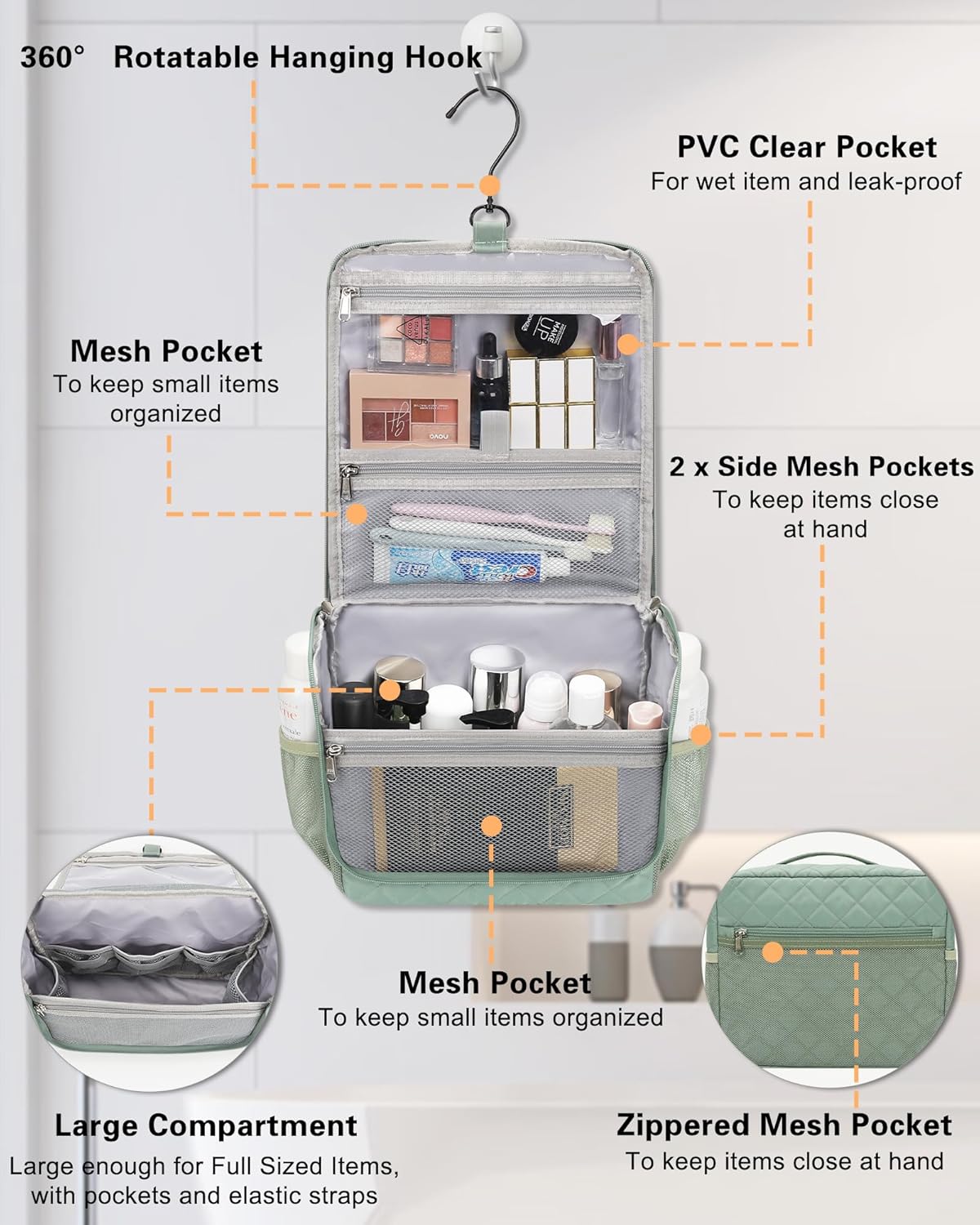 Relavel Toiletry Bag for Men, Hanging Travel Makeup Bag for Women, Waterproof Large Cosmetic Organizer Multiple Compartments for Accessories, Full Sized Toiletries Dopp Kit Shaving Bag (Green, Medium)