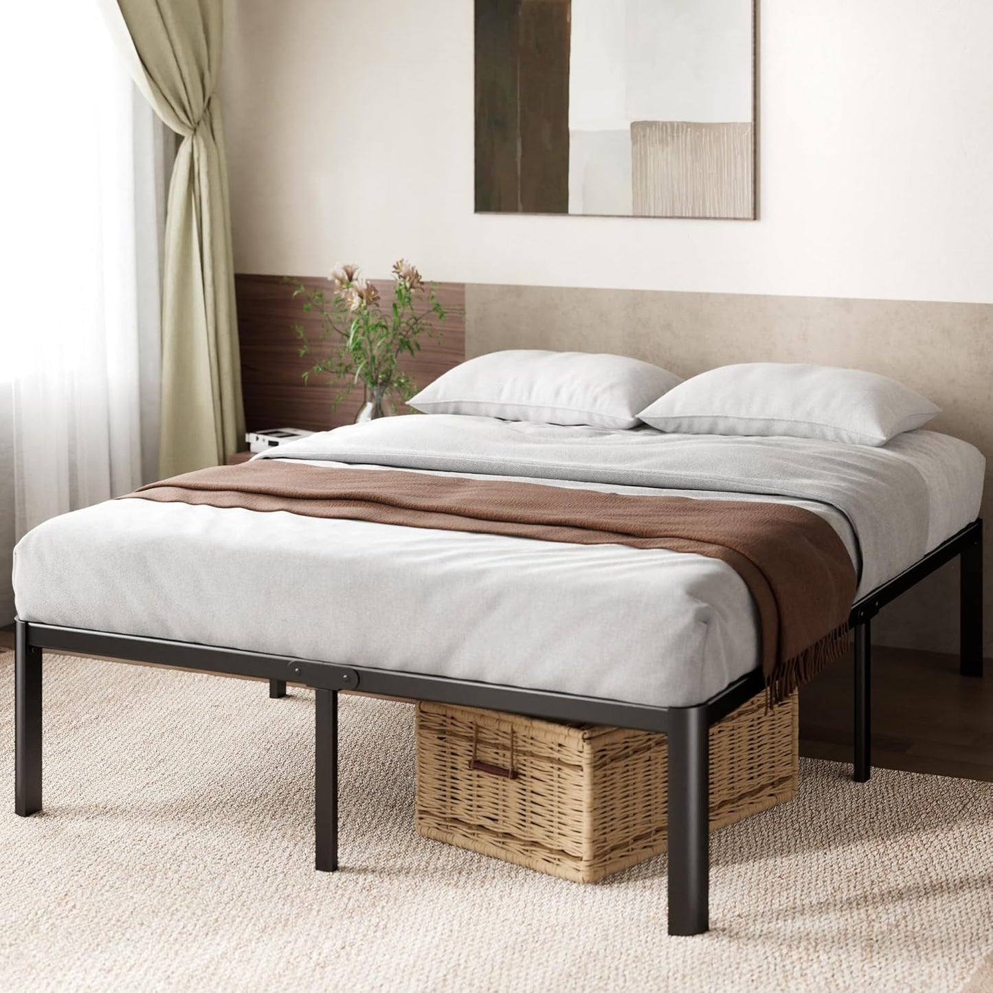 Zinus Van Double Bed Frame 40cm Metal Bed Base | Steel Slat Mattress Support | Bedroom Furniture, Black