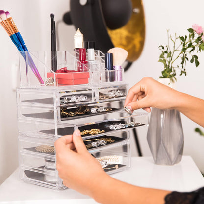 Relaxdays Make-Up Organiser with Drawers, Make-Up Holder and Accessories, Acrylic, Transparent