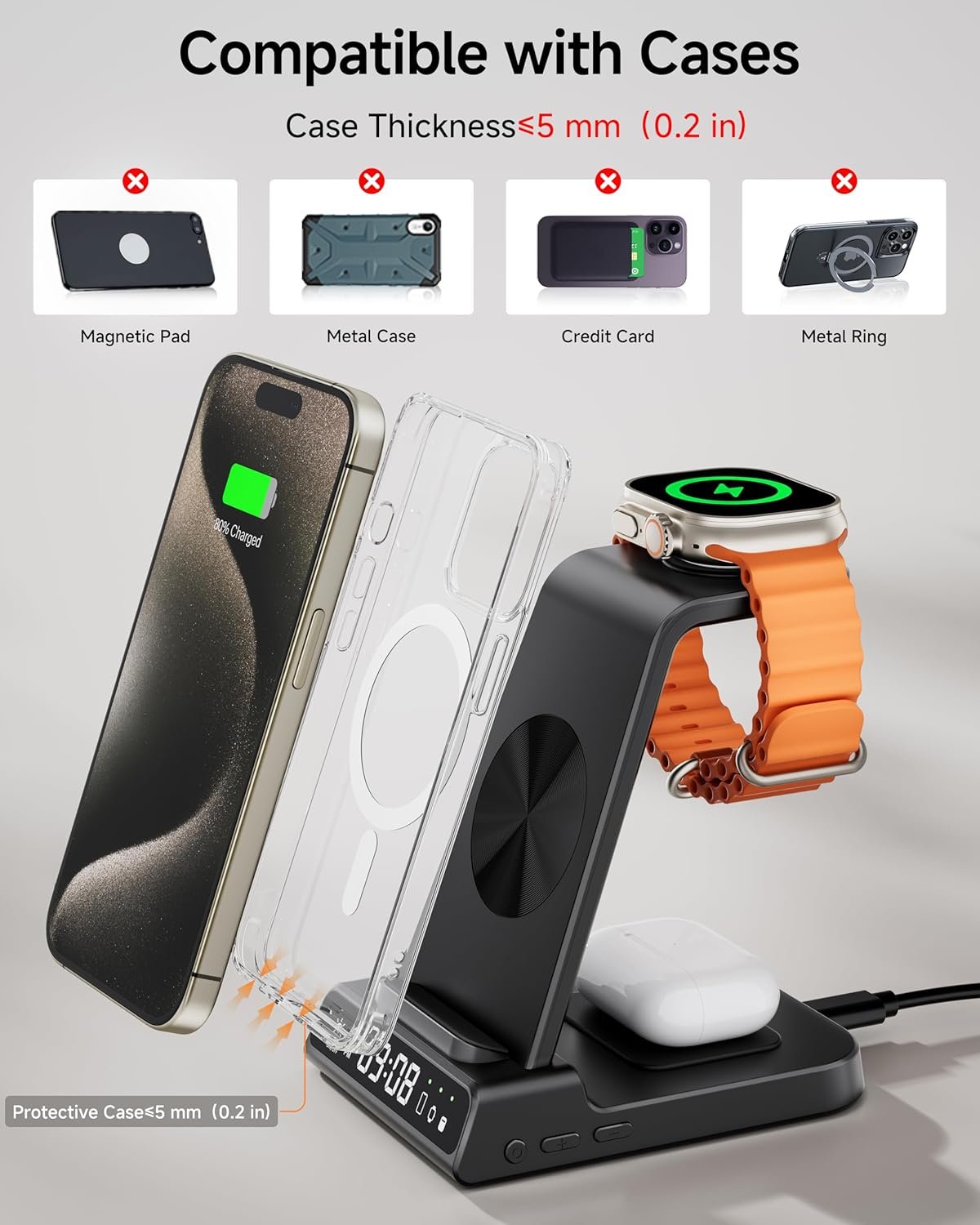 Wireless Charger Stand for iPhone, 3 in 1 Charging Station for Apple Watch Ultra 2/Ultra/10/9/8/7/6/5, Charger Dock with Clock for iPhone 16 15 14 13 12 11 X Pro Max, AirPods 4/3/Pro(No Adapter)
