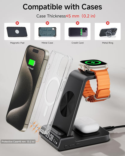 Wireless Charger Stand for iPhone, 3 in 1 Charging Station for Apple Watch Ultra 2/Ultra/10/9/8/7/6/5, Charger Dock with Clock for iPhone 16 15 14 13 12 11 X Pro Max, AirPods 4/3/Pro(No Adapter)