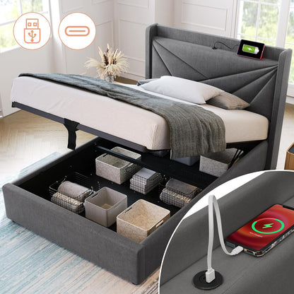 BNUZ Single Padded Bed, Bed Storage Box with USB Type C Charging Function, Headboard, Linen Material, 90 x 200 cm with Grid (No Mattress) (Grey, 90 x 200 cm)