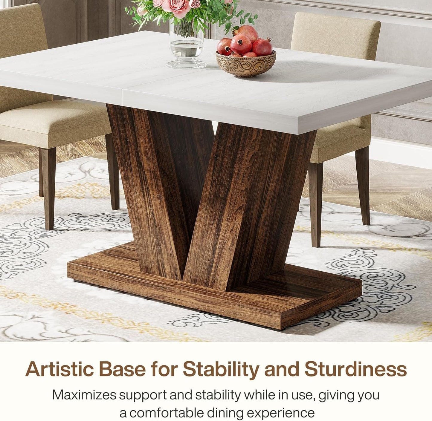 Tribesigns 47-Inch Dining Table for 4, White Kitchen Dinner Table with Heavy Duty Pedestal, Farmhouse Wooden Eating Table for Home, Dining Room, Small Space