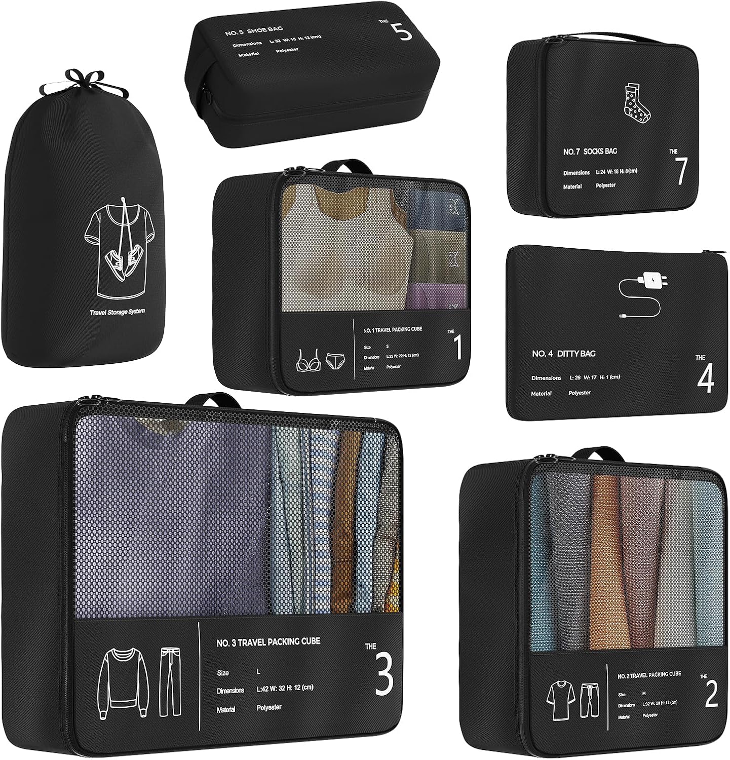 Yomisee Packing Cubes Set of 7 Suitcase Organizer, Travel Cube Set, Travel Organizer, Travel Bag (Black)