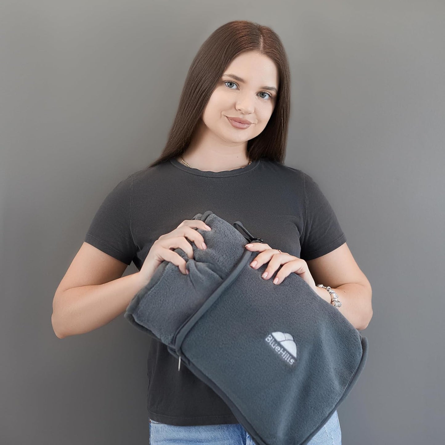 BlueHills Premium Soft Travel Blanket Pillow Airplane Flight Blanket throw in Soft Bag Pillow case with Hand Luggage Belt and Backpack Clip Compact Pack Large Blanket for Travel Grey Color (Gray T007)