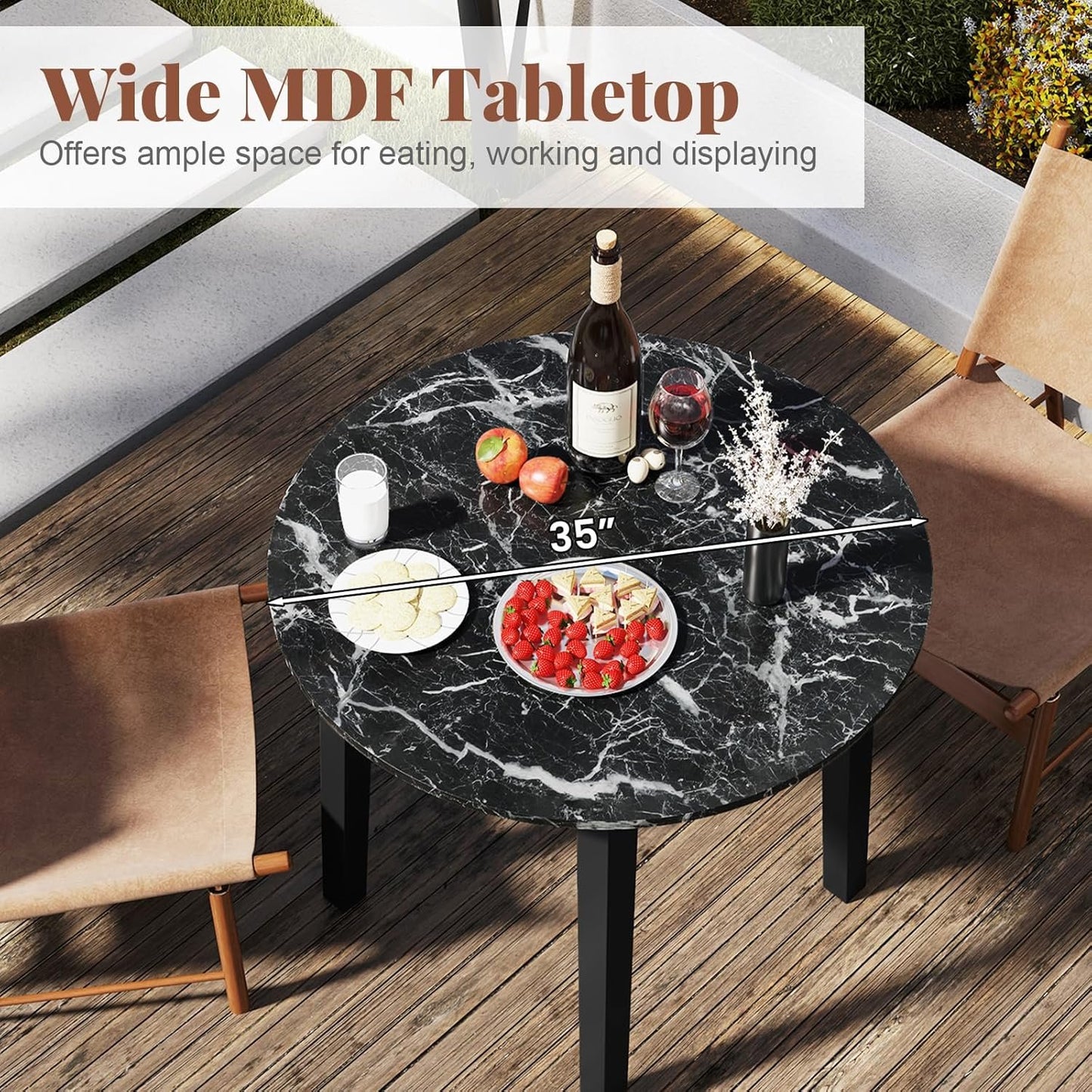 Giantex 35” Round Dining Table - Kitchen Table with Rubber Wood Legs, Marble-Textured Veneer Tabletop, Leisure Table for 2 to 4 Person, Dinette Table for Living Room, Breakfast Table (Black)