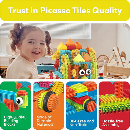 PicassoTiles 120 Piece Hedgehog Interlocking Building Blocks Tiles Construction Toy Set Brush Learning Playset STEAM Toddlers Development Preschool Kindergarten Toys for Kids Boys Girls Age 3+ PTB120