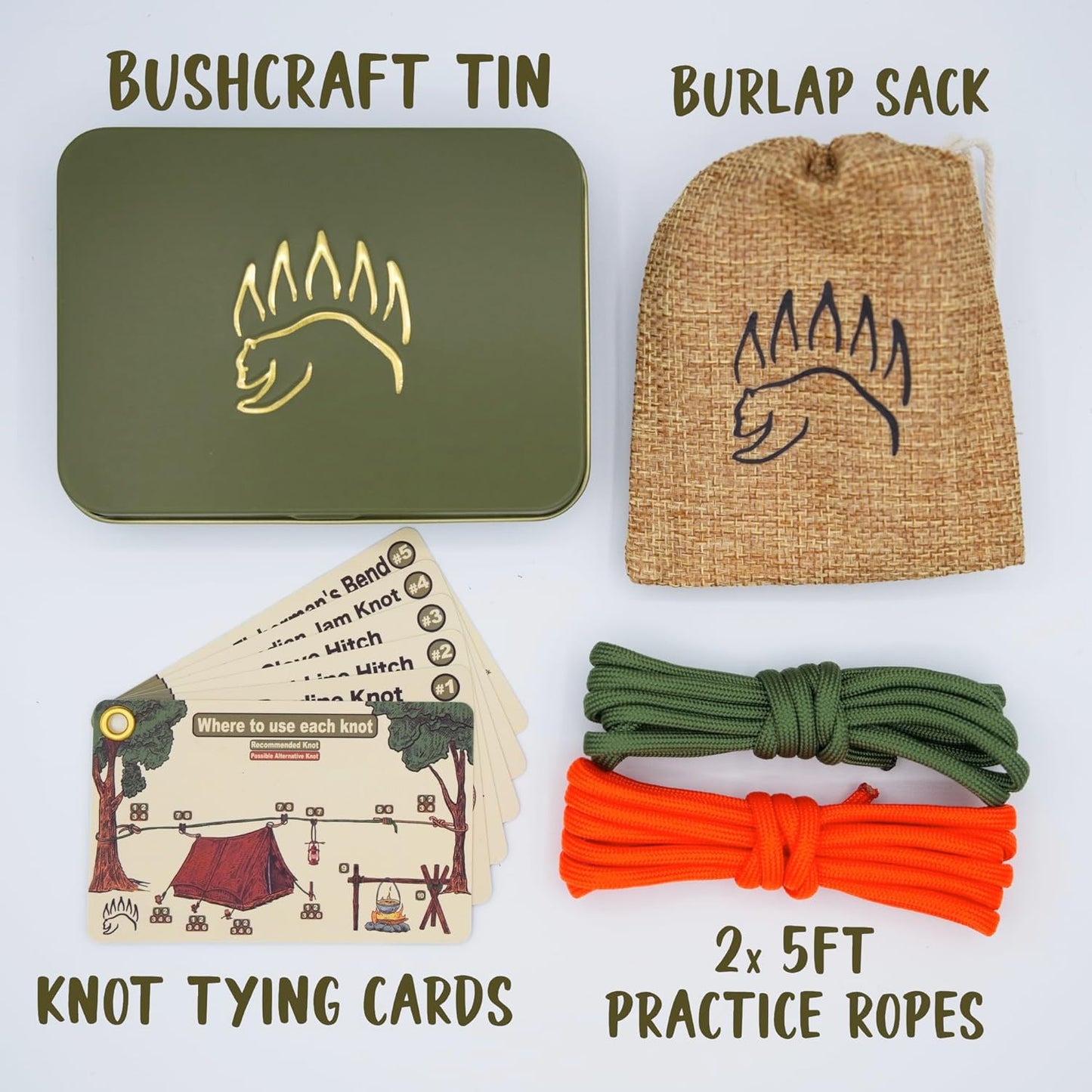 The Bear Essentials Knot Tying Kit - Best Camping Knots Edition - Waterproof Knot Cards, Practice Ropes, in Our Aluminum Tin!