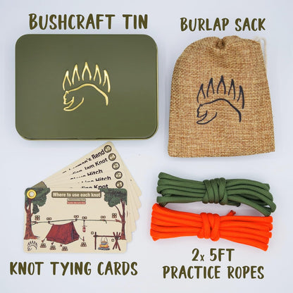 The Bear Essentials Knot Tying Kit - Best Camping Knots Edition - Waterproof Knot Cards, Practice Ropes, in Our Aluminum Tin!