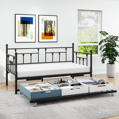 VERFARM Twin Size Metal Daybed Frame with Trundle, Premium Steel Slat Support, Multifunctional Mattress Foundation, Heavy-Duty Twin Day Bed Sofa with Headboard for Living Room Guest Room Bedroom