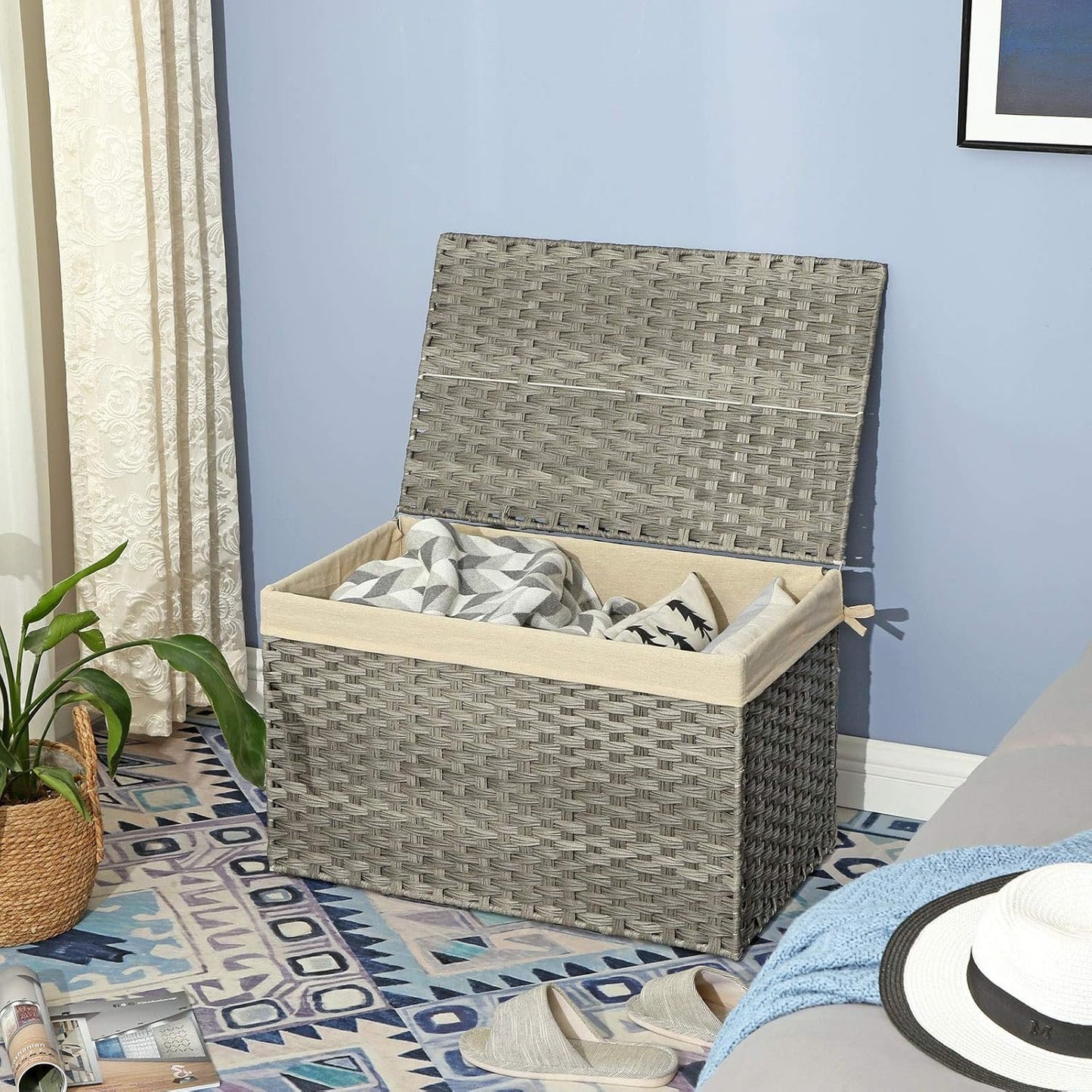 SONGMICS Storage Basket with Lid, 42.3 Gallon (160L) Storage Bin, Woven Blanket Storage Basket with Handles, Foldable, Removable Liner, Metal Frame, for Bedroom, Laundry Room, Gray URST76WG