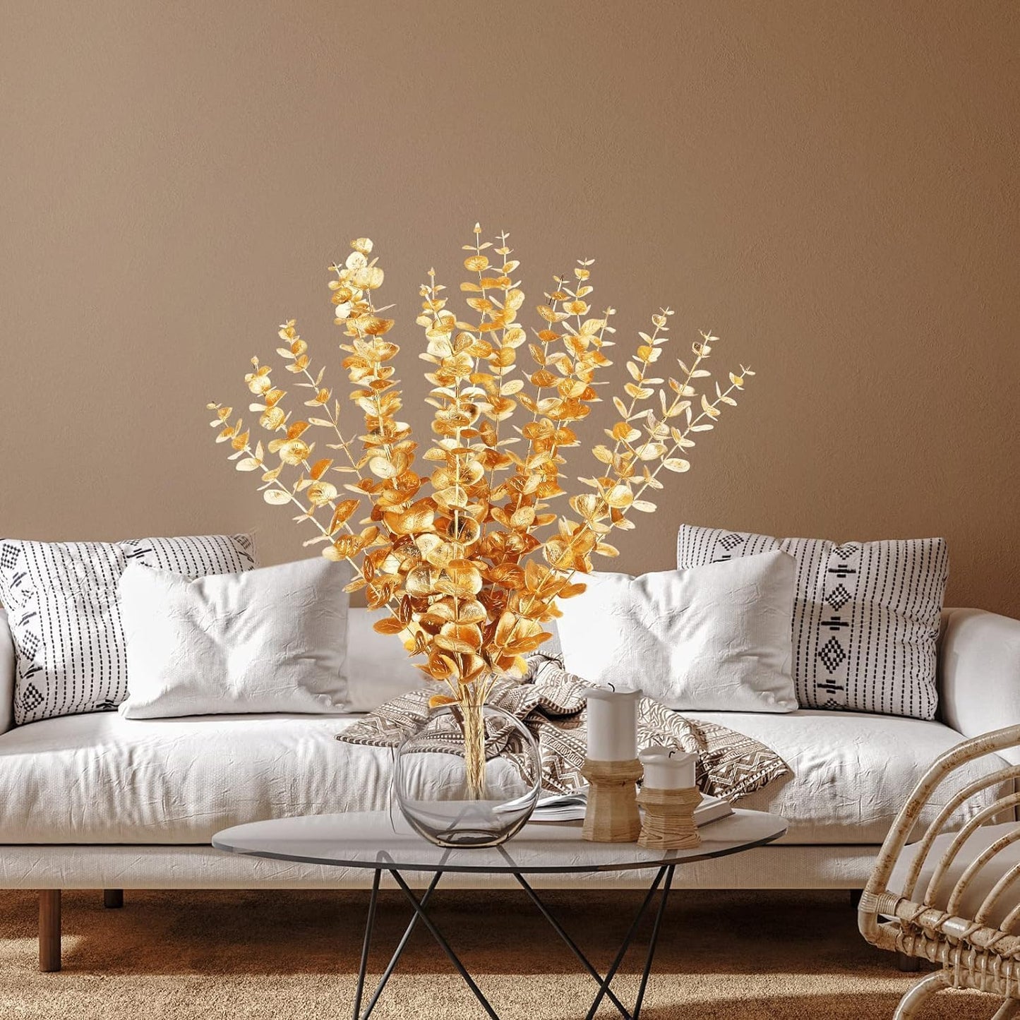 24pcs Eucalyptus Stems Decor Artificial Eucalyptus Leaves, Faux Greenery Branches for Wedding Center Everlasting Flower Floral Arrangement Farmhouse Home Party Wedding Celebrate Decoration (Gold)
