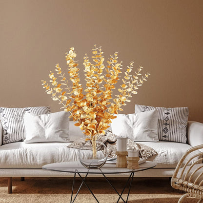 24pcs Eucalyptus Stems Decor Artificial Eucalyptus Leaves, Faux Greenery Branches for Wedding Center Everlasting Flower Floral Arrangement Farmhouse Home Party Wedding Celebrate Decoration (Gold)