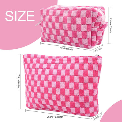 H HOME-MART 2 Pieces Checkered Makeup Bag Large Cosmetic Bag Capacity Canvas Mix Travel Toiletry Bag Organizer for Purse Portable Zipper Make Up Pouch Small Cosmetic Case
