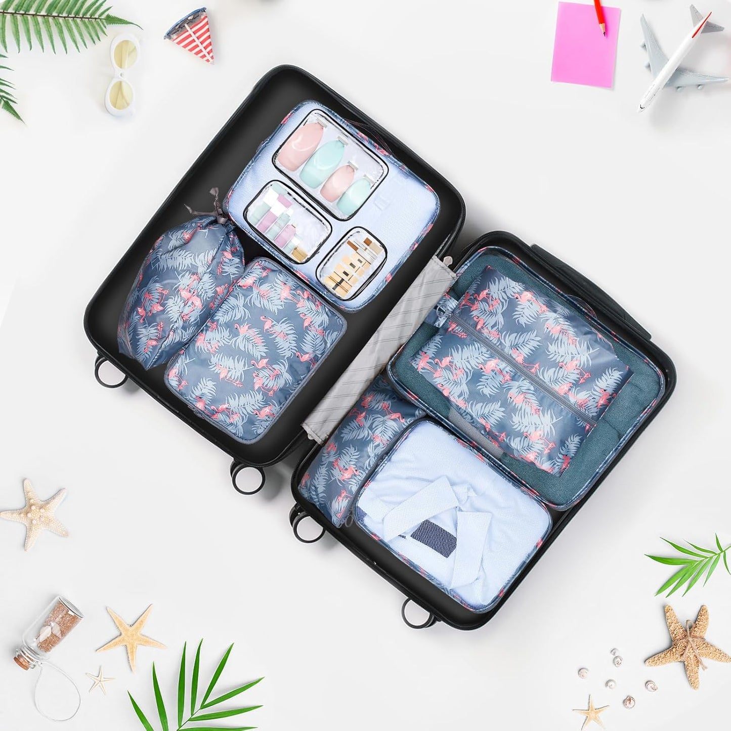sprecenk Travel Suitcase Organizer 10 Pieces, Large Capacity Travel Organizer Packing Cubes Lightweight Organizer Suitcase Cubes Travel Cube for Clothes Underwear, Flamingo Grey