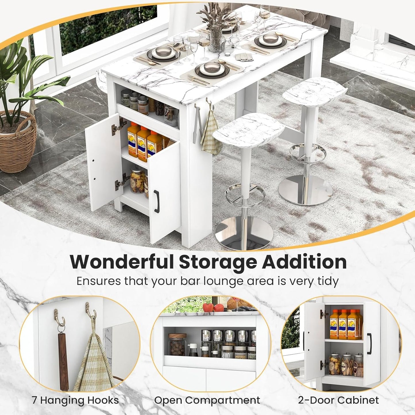 Giantex Bar Table, 47” Counter Height Dining Table with 7 Hanging Hooks, Compartment, Cabinet & Adjustable Shelf, High Top Table, Faux Marble Pub Table for Kitchen Breakfast Nook Small Space, White