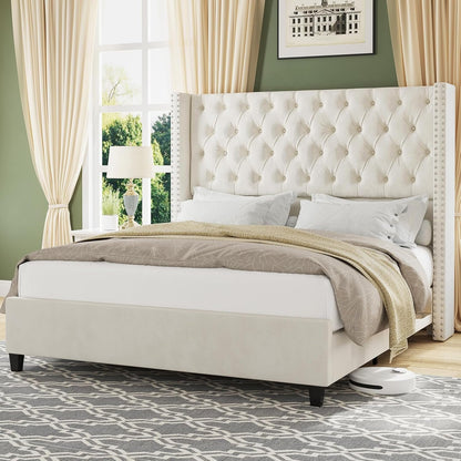 Jocisland Upholstered Bed Frame with Tall Headboard Wingback Platform Bed Tufted Deep Button Velvet/No Box Spring Needed/Easy Assembly (Cream, Queen)