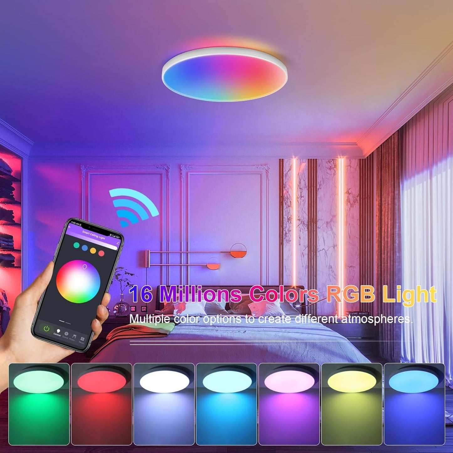 LED Ceiling Light with Remote Control WiFi 24W Flush Led RGB Colour Changing Ceiling Light Compatible with Alexa and Google Home, Smart Round Ceiling Lighting for Kids Bedroom Hallway