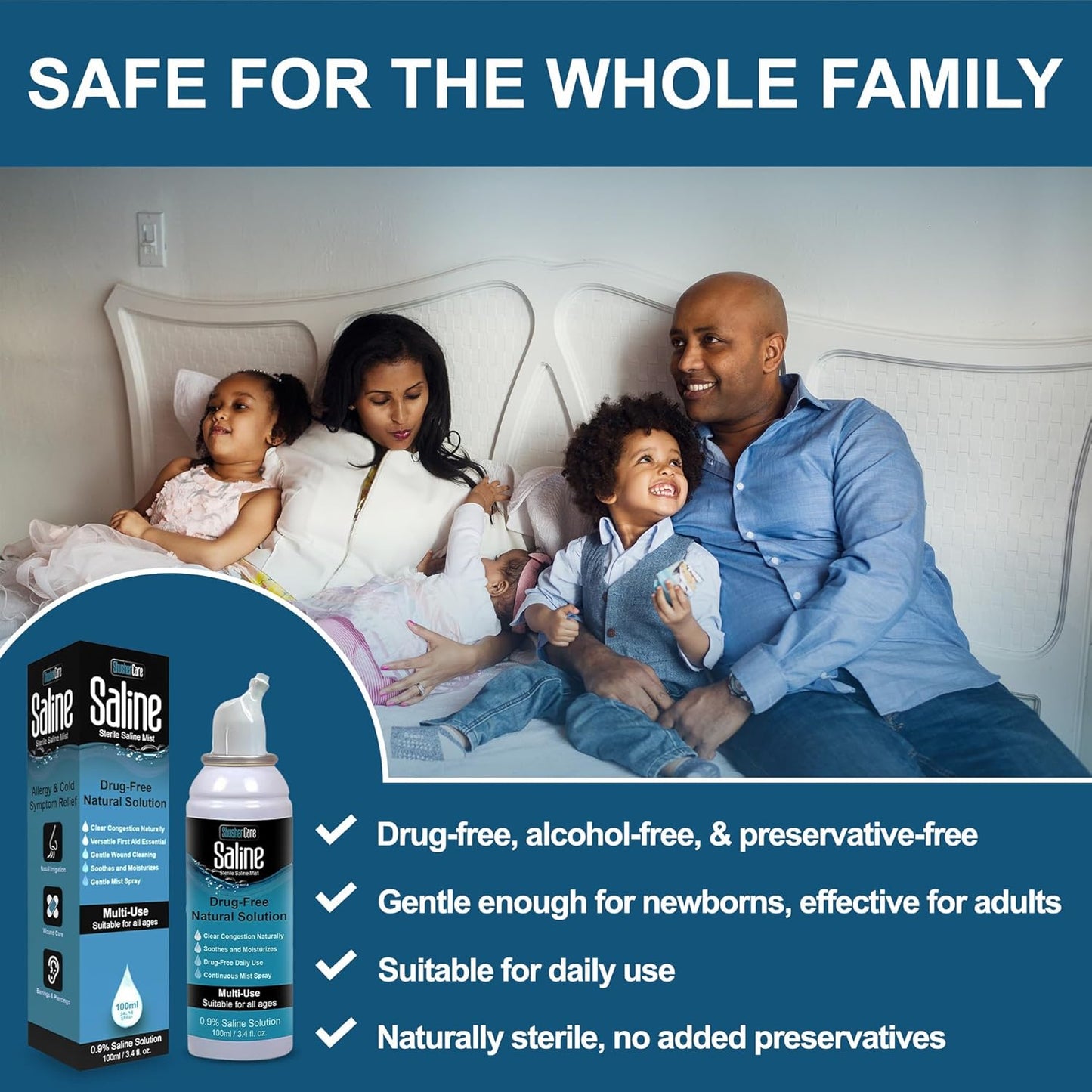 Saline Spray for Nose - Nasal Spray Saline Solution for Newborn, Baby & Adults, Salt Water Decongestant Mist for Stuffy Nose, Travel Friendly, Natural, 0.9% Saline - 100 ml (3.4 fl oz)