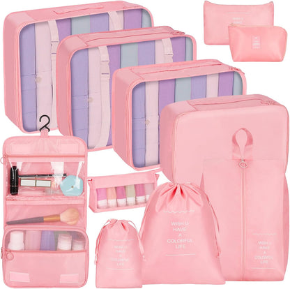 Coolzon Packing Cubes Travel Suitcase Organizer Set of 11, Compression Luggage Organizer Space-Saving for Clothes, Ultralight, Shoes, Underwear, Black, pink