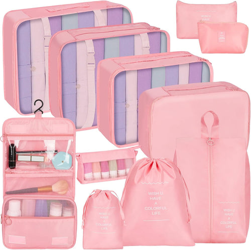 Coolzon Packing Cubes Travel Suitcase Organizer Set of 11, Compression Luggage Organizer Space-Saving for Clothes, Ultralight, Shoes, Underwear, Black, pink