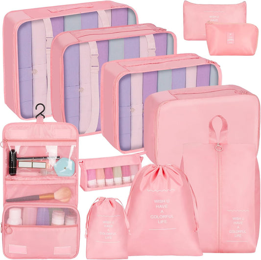 Coolzon Packing Cubes Travel Suitcase Organizer Set of 11, Compression Luggage Organizer Space-Saving for Clothes, Ultralight, Shoes, Underwear, Black, pink