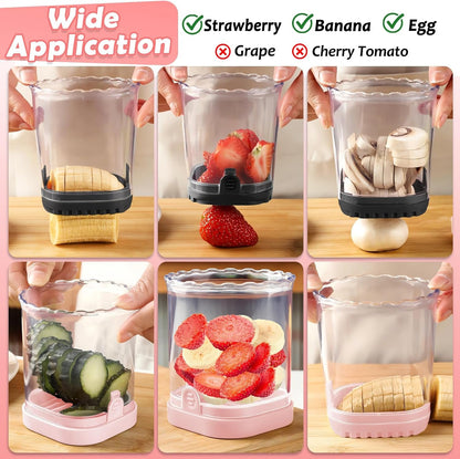 Fruit Slicer Cup | Strawberry Slicer | Banana Slicer | Grape Cutter | Egg Slicers | Detachable Fruit Cutter Slicer with Push Plate | Creative Strawberry Slicer Kitchen Gadget (Black + Pink)