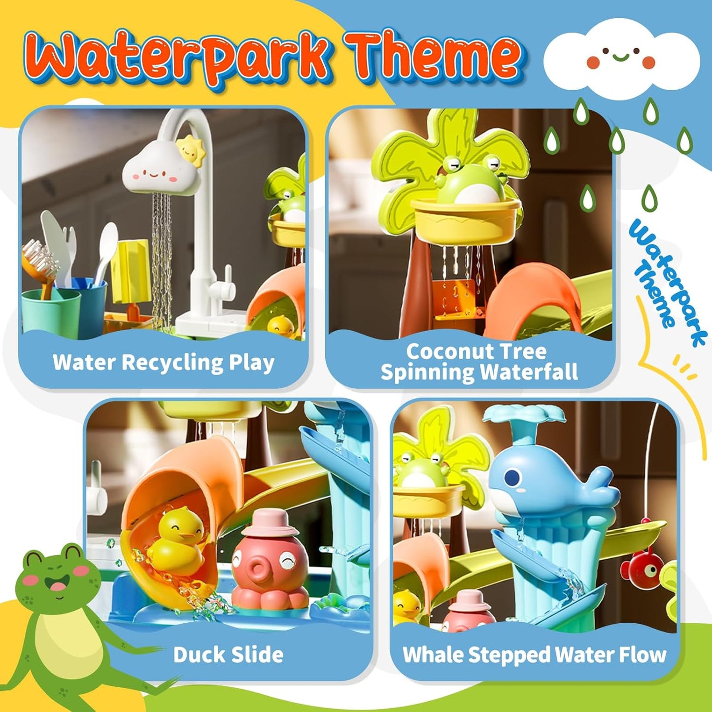 21" H Play Sink with Running Water, 4-in-1 Kids Kitchen Sink Toy with Electric Faucet, Mini Water Table with Detachable Legs, Fishing Game, Pretend Play Dishwasher Gift Set for Boys & Girls(Blue)